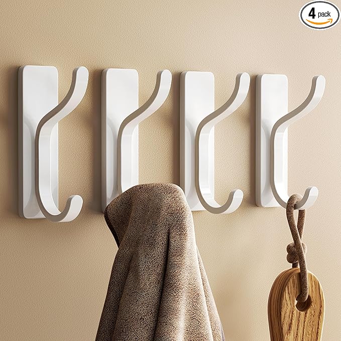 pickpiff Adhesive Wall Hooks for Hanging Towels - Heavy Duty Stick On Hooks, Strong Hold up to 13 lbs, Damage-Free Hangers for Coats, Bags, Purses, Ideal for Door, Closet, or Bathroom, White, 4 Pack