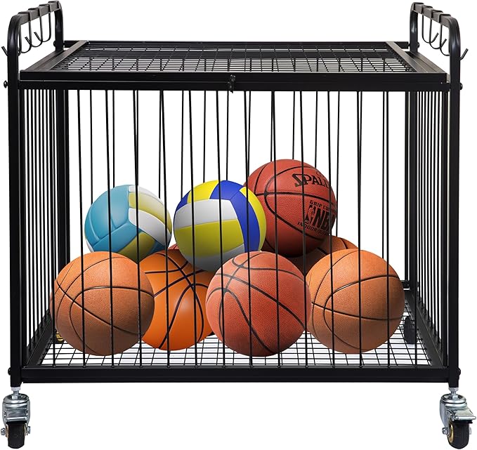 Matt Black Metal Rolling Cart Ball Gym Equipment Sports Gear Storage Portable Wheel Basket Lockable Cage Raised Handle Athletic Basketball Football Soccer Volleyball Racket School PE Class