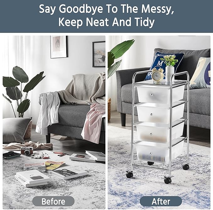 Yaheetech 4 Drawers Cart Rolling Plastic Storage Cart and Organizer Metal Frame Drawers Plastic Trolley Organizer on Wheels, White