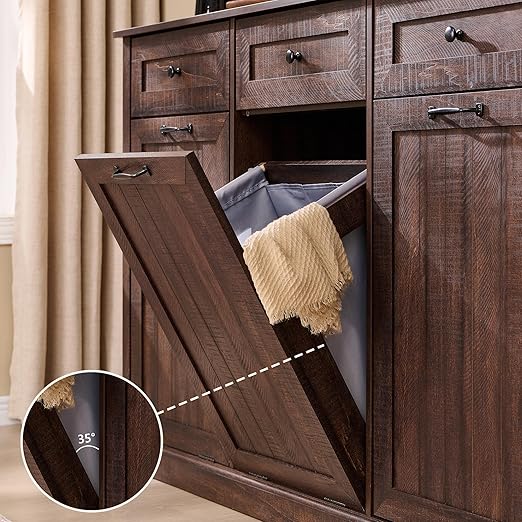 Triple Tilt Out Trash Can Cabinet, 20 Gallon Farmhouse Laundry Hamper Cabinet w/3 Drawers & Adjustable Shelf, Hidden Wooden Trash Can Cabinets with Storage Basket for Kitchen (Brown)