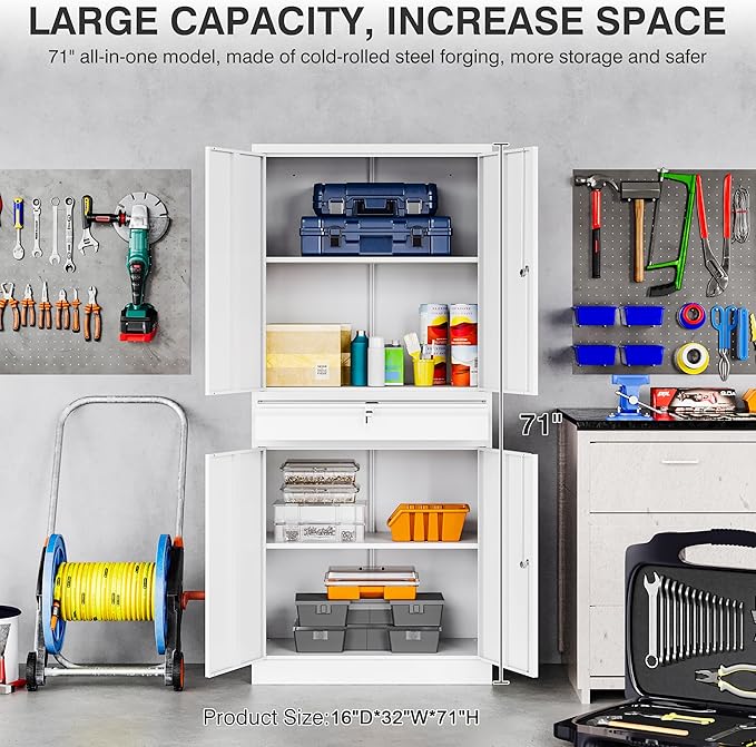 SISESOL White Metal Storage Cabinet with Drawer and Locks,Garage Storage Cabinet with Locking Doors and Adjustable Shelves,71" Tall Large Metal Cabinets with Magnetic Door for Home,Office,Garage