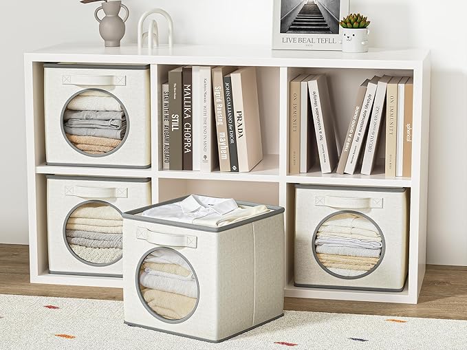 Vailando Foldable Fabric Storage Cube with Round Window - 4 Pack 11"x11"x11" Collapsible Closet Organizer Bins for Clothes, Shelves, Offices, Toys & Misc, White & Ivory