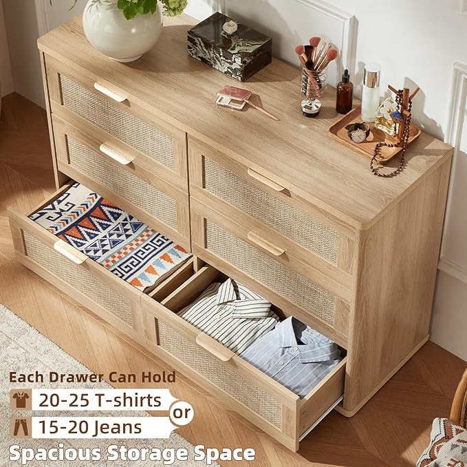 LEYAOYAO Rattan Dresser for Bedroom Set of 2, Boho 48" Wide 6 Drawer Dresser Chest of Drawers, Natural Wood Dressers TV Stand with Metal Handle, Storage Dressers Organizer for Living Room, Hallway