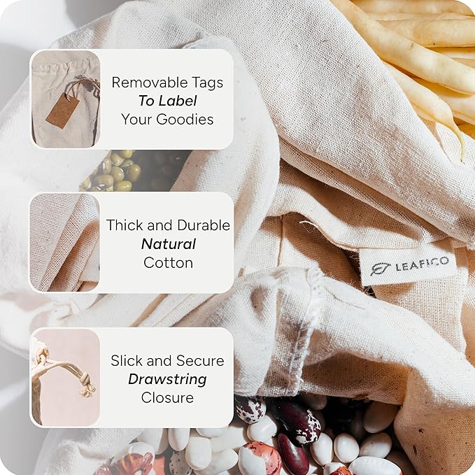LEAFICO Cotton Storage Bags – X-Large 14x17 Inch (6-Pack) – Reusable Muslin Bags with Drawstrings – Biodegradable Canvas Fabric Sacks – Perfect for Bread, Bulk Produce, Potatoes, Onions, Shoes