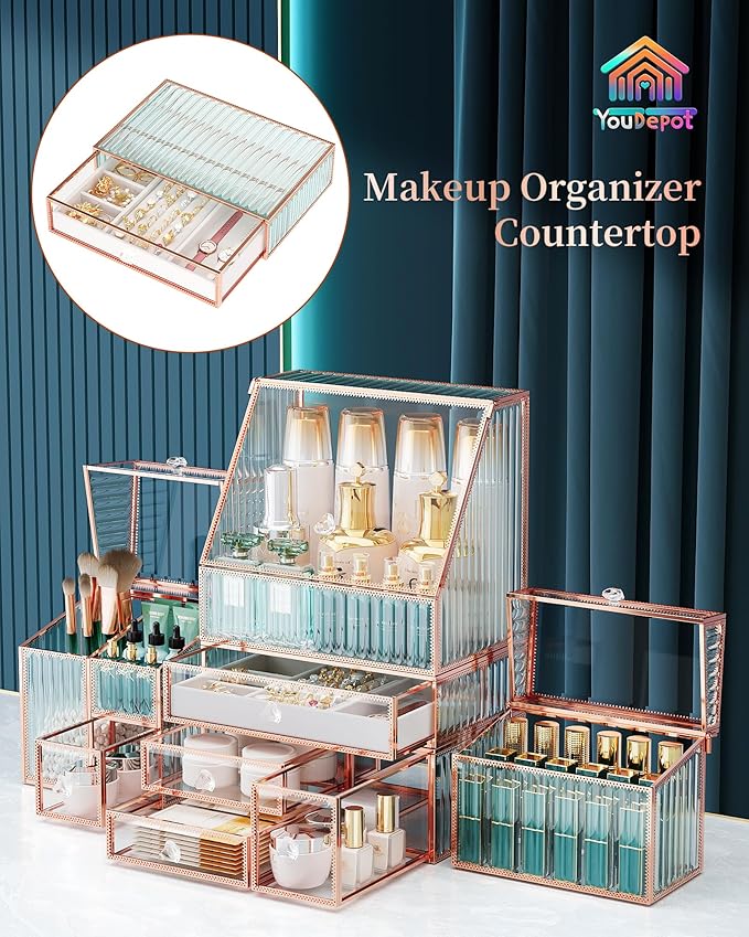 Large Makeup Organizer, Glass Cosmetic Storage with Drawers, Stackable Makeup and Jewelry Organizer for Vanity Table, Bathroom Countertop, Skincare, Lipsticks, Perfume, Brushes