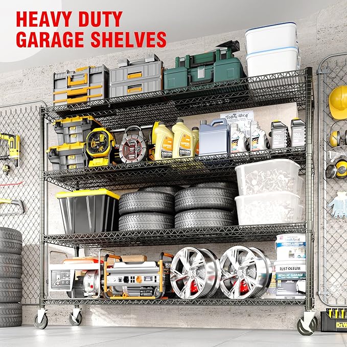 73" H Storage Shelves 2640LBS Heavy Duty Shelving Unit with Wheels & Feet, 4-Tiers Garage Shelving for Pantry Garage Kitchen Home Commercial, 73.8" H x 59" W x 23.9" D