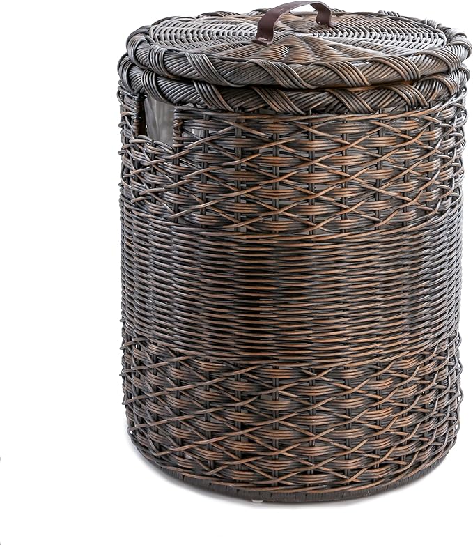 The Basket Lady Round Wicker Laundry Hamper, Extra Large, 23 in Dia x 28 in H, Antique Walnut Brown