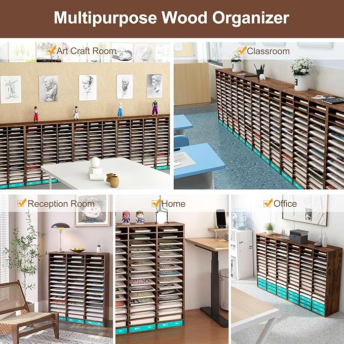 TQVAI Literature Organizer, Heavy Duty 48 Compartments Countertop Mail Organizer with Adjustable Shelves, Wooden Desk Paper Storage Organizer, Mailboxes Cubbies for Office, Classroom, Anqitue