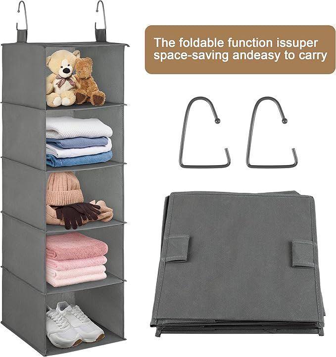 Libeder 5-Shelf Hanging Organizer with Drawers, Closet Hanging Organizers and Storage Shelves with 6 Side Pockets,Collapsible Closet Hanging Shelves for Clothes, Underwear, Nursery, Closet, RV(Grey)