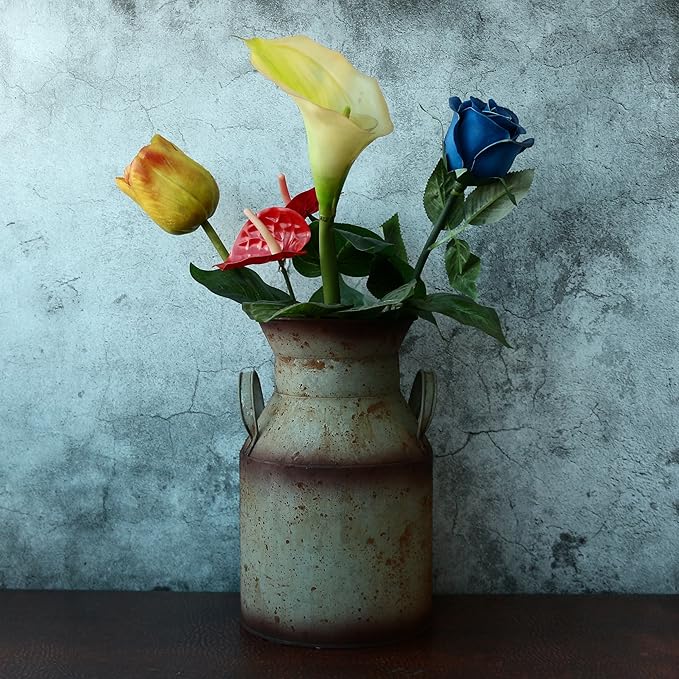 CVHOMEDECO. Farmhouse Galvanized Metal Milk Can, Old Rustic Primitives Jug Vase for Home and Garden Décor. Grey