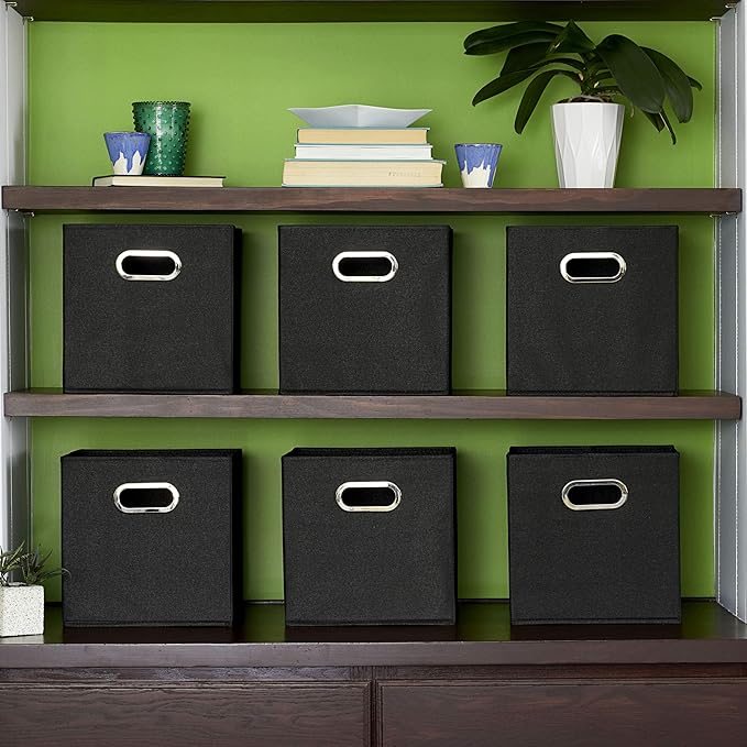 Household Essentials Foldable Fabric Storage Cubes 6-Pack – 11x11x11 Stackable Non-Woven Bins with Chipboard Sides & Grommet Handles – Closet, Shelf, Nursery, or Office Organizer – Black