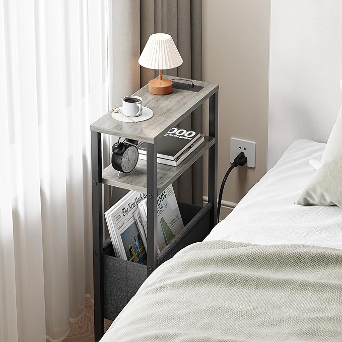 Narrow Side Table with Charging Station Slim End Table Sofa with Magazine Rack, Bedside Table for Small Spaces, 3 Tier Nightstand for Living Room Couch, Bedroom Oak Grey LET503QE