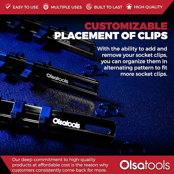 Olsa Tools Aluminum Socket Organizer, 3pc Set - Locking End Caps - 1/4-Inch Drive x 24 Clips, 3/8-Inch Drive x 18 Clips, 1/2-Inch Drive x 16 Clips - Professional Grade - Black - Part: 1181