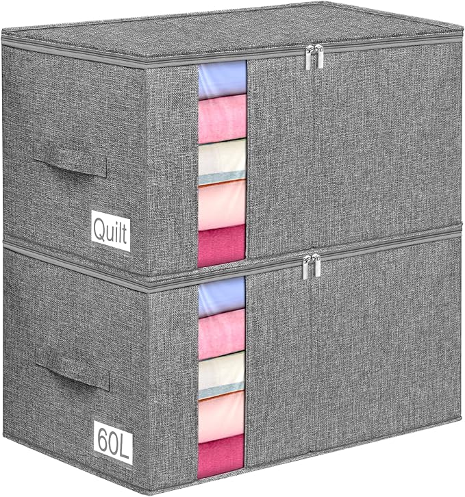 60L Blanket Storage, Comforter Storage Bag With Rigid Side & Bottom Support, Stackable Clothes Storage Bin For King Size Comforters Sweater Bedding Quilt Pillow Closet Organizer,21.7x14.2x11.8in,2Pcs