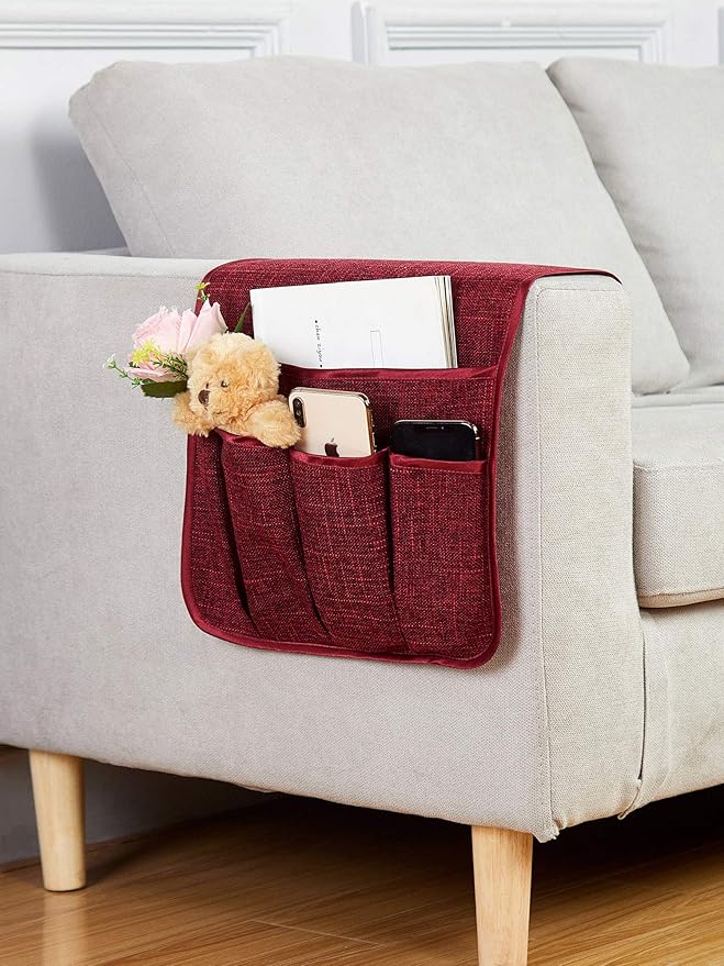 FLYILY Sofa Armrest Organizer Non-Slip Arm Chair Hanging Caddy Remote Control Holder for Magazine, Phone, Books, Glasses(WineRed,13in)