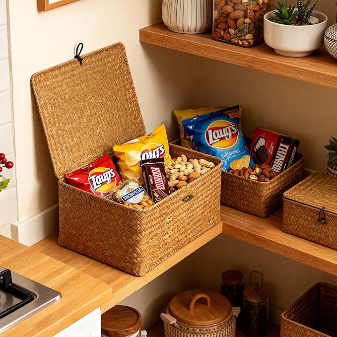 Nonam Seagrass Storage Large Basket with Lid Set of 3,Wicker Basket Storage Bin with Lid for Shelves,Boho Decor,Handwoven Shelf Basket for Organizing-Storage Container Box for Home Organization