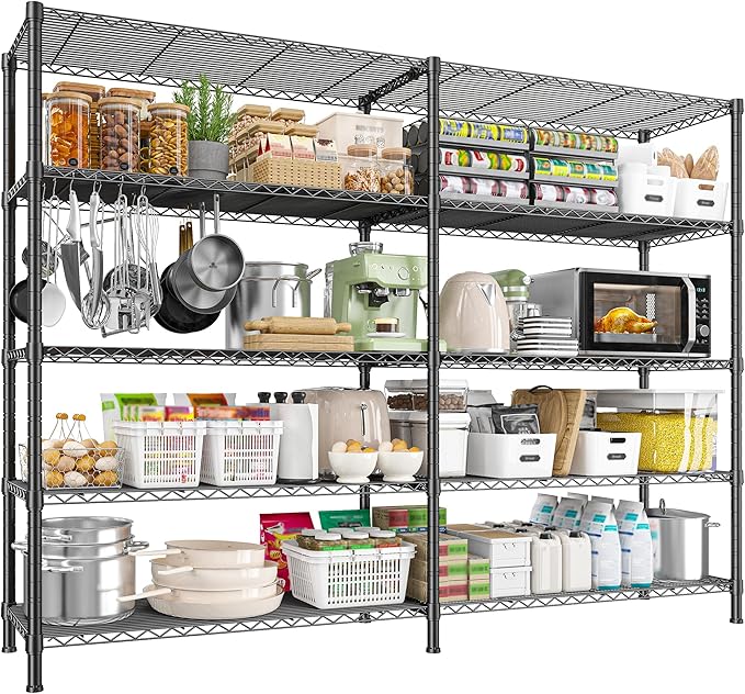 REIBII 1450LBS Metal Shelving Unit Storage Shelves 5 Tier Wire Shelving 58.1''W Pantry Shelves Wire Shelf Adjustable Garage Shelving Heavy Duty Storage Rack for Pantry Kitchen Garage, Black