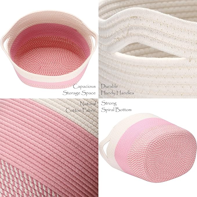 Sea Team Oval Large Cotton Rope Woven Storage Basket with Handles, Diaper Caddy, Baby Shower Basket, Nursery Nappies, Clothes Toys Organizer for Kid's Room, 16 x 13 inches, White & Mottled Pink