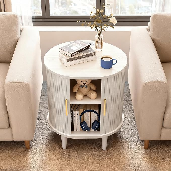 Nightstand with Charging Station, Fluted Accent Side Table with Sliding Door & Adjustable Shelf, Mid-Century Modern End Table for Small Space, Living Room, Bedroom (1, White)