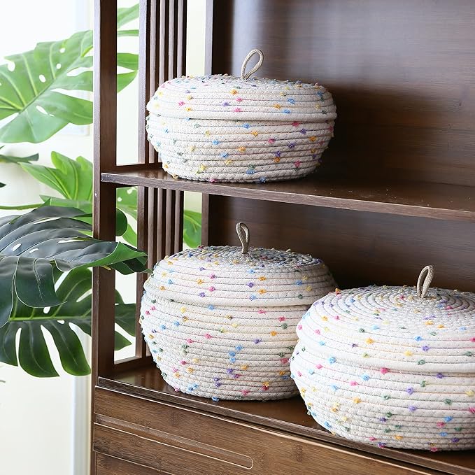 Sea Team Round Cotton Rope Storage Basket with Lid, Colorful Rainbow Pompom Woven Storage Bin, Pot, Caddy, Organizer, Container for Snacks, Towels, Plants, 10 x 7.5 Inches (Small, Rainbow)