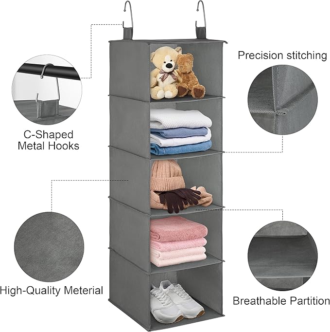 Libeder 5-Shelf Hanging Organizer with Drawers, Closet Hanging Organizers and Storage Shelves with 6 Side Pockets,Collapsible Closet Hanging Shelves for Clothes, Underwear, Nursery, Closet, RV(Grey)