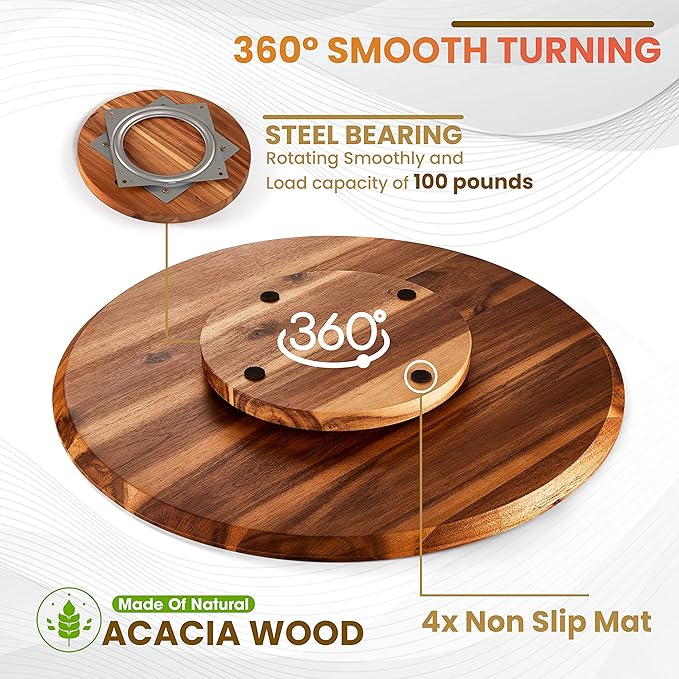 21" Acacia Wood Lazy Susan for Table Top - Wooden Turntable Serving Tray for Charcuterie Boards Cheese Board - Extra Large Round Lazy Susan Organizer - Kitchen Revolution for Countertop