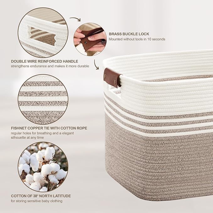 72L Large Laundry Basket with Leather Handles for Living Room Storage, Woven Rope Baskets Bin for Blanket, Kids Toy, Gifts, Wicker Hamper for Bedroom Dirty Clothes, 22"x17"x12" White Brown
