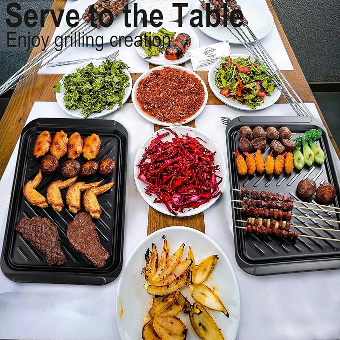 KAQAHIDO Grilling Bamboo Prep and Serve Trays, BBQ Platter for Raw Meat Marinating and Finished Cooked Food, Melamine Serving Tray, Set of 2, Cleaning Pack Included