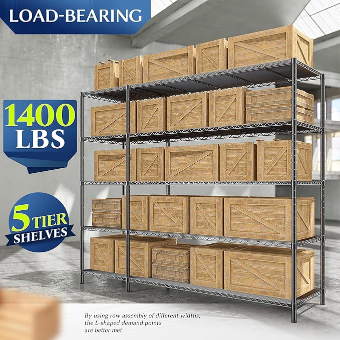 70.8H Wire Shelving Rack, 5Tier Metal Shelving Unit,1400LBS Heavy Duty Storage Shelves,Adjustable Pantry Shelves, Metal Shelf and Storage Rack,Industrial Shelving 52.36W x13.78Dx70.8H,Black