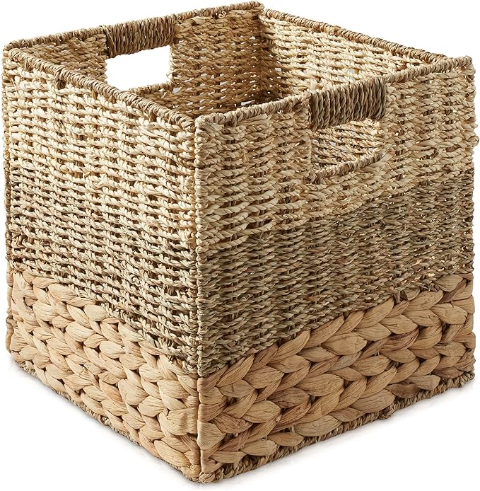 Casafield 12" x 12" Mixed Weave Storage Baskets, Natural - Set of 2 Woven Hyacinth Seagrass Wicker Storage Cube Bins for Bathroom, Bedroom, Laundry, Pantry, Shelves