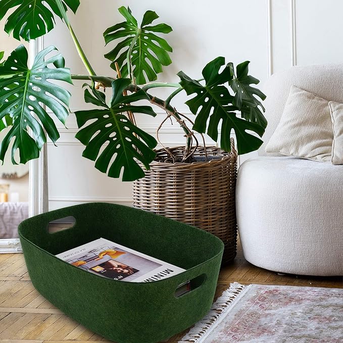 Welaxy Large Storage Basket Felt Open Desk Organize bin Shelf baskets with handles light weight carry for Magazines Books Junk Kids Toys Pet toy Clothes Laundry (Forest Green)