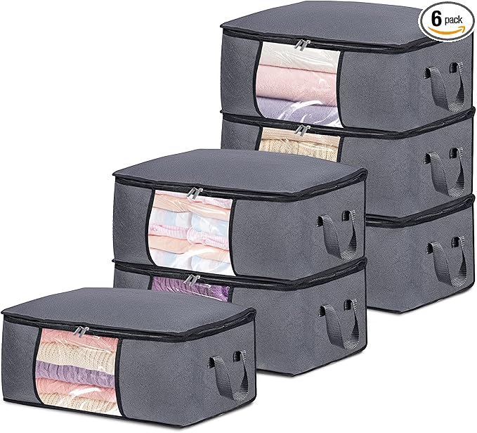 6 Pack Clothes Storage Bags with Zipper, Foldable Blanket Storage Box with Clear Window Reinforced Handles for Closet, Dorm, Pillows, Bedding, Sheet, Comforter, 45L Gray