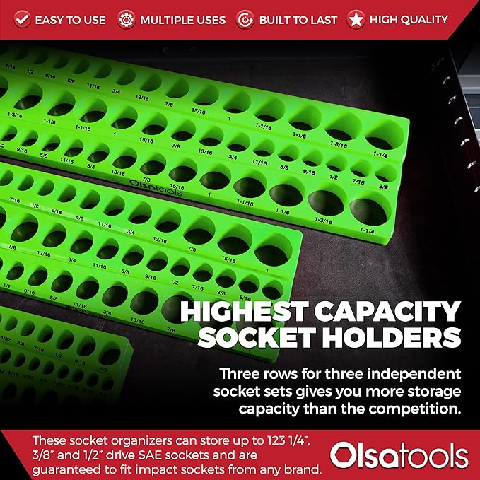 Olsa Tools Magnetic Socket Organizer | 3pc Socket Holder Kit | 1/2-Inch, 3/8-Inch, 1/4-Inch Drive | Socket Organizers For Toolboxes | Green | Holds 123 | Professional-Grade Tool Organizer | Part 1561