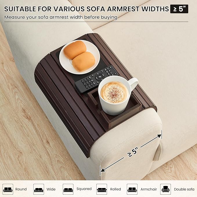 Bamboo Couch Cup Holder, Foldable Sofa Arm Tray, Anti-Slip Couch Aremrest Tray Table for Drink, Cup, Remote, Snacks, Cellphone, Portable, Mahogany