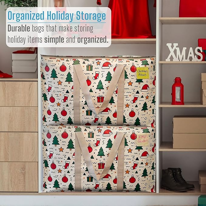 VENO 2 Pack Moving Bags and Large Christmas Storage Bins with lids. Alternative to Moving Boxes, Packing Supplies for College. Extra Large Heavy Duty Totes for Packaging (Jingle Mix, 2 Pack)
