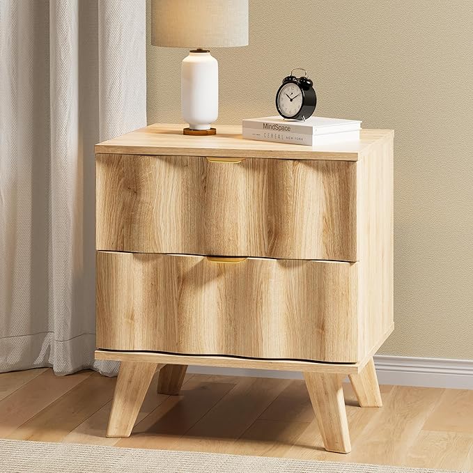 Nightstand, Bedside Table with 2 Drawers and Metal Handles, Sofa Side End Table with Storage for Bedroom, Living Room, Entryway (Natural)