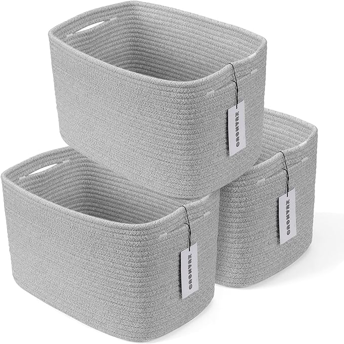 Cotton Rope storage Basket Bins Woven Basket for Organizing Shelves 15X10X9.3“ Rectangle Decorative Baskets For storage Clothes Toys Books Towels Square Wicker Nursery basket organizer 3 pack grey