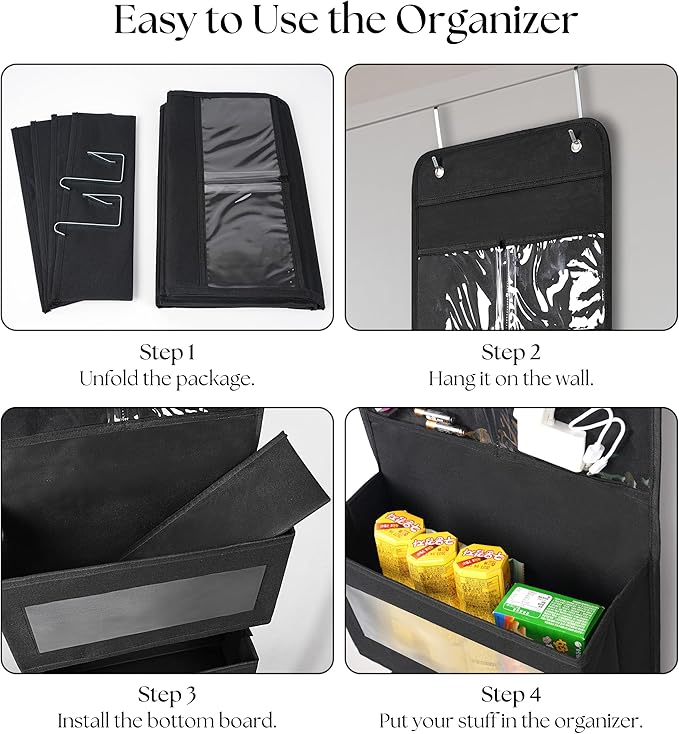 Giraffe Creation Over Door Organizer with 4 Large Capacity Pockets, Hanging Organizer Storage for Closet Bathroom Nursery Bedroom Dorm, Toys Cosmetics Sundries and Baby Essentials, Black