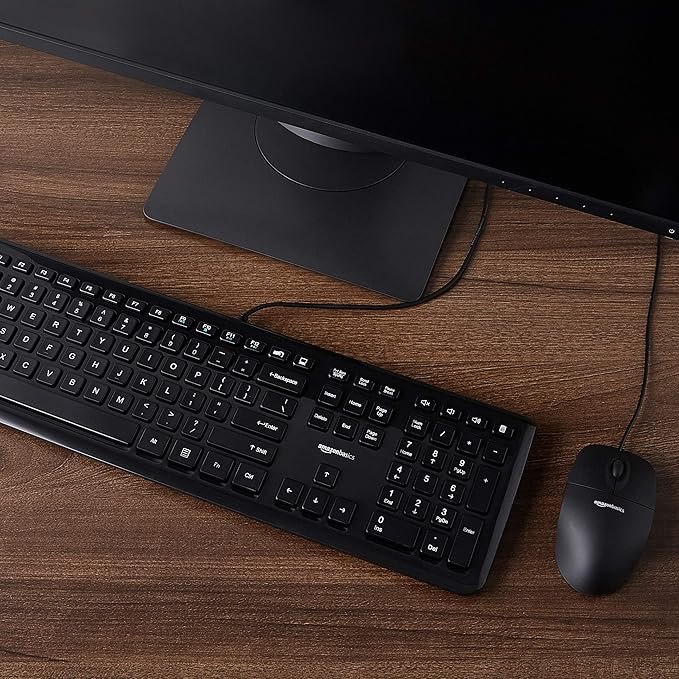 Amazon Basics Wired Keyboard and Mouse Bundle, Full-Sized, QWERTY Layout, Black
