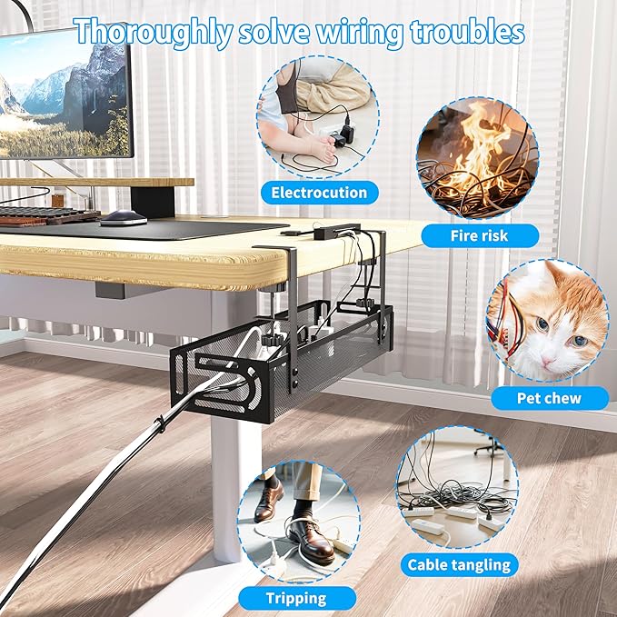 No Drill Under Desk Cable Management Tray, SONATURE 15.7" Cord Organizer for Table, Clamp Mount Desk Cable Management, Premium Carbon Steel Cable Organizer for Office, Home (Black)