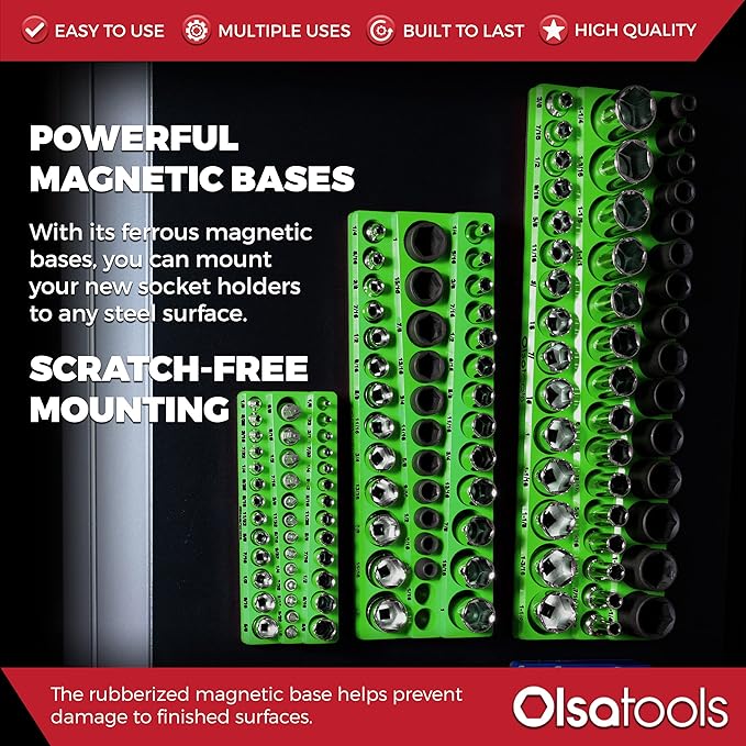 Olsa Tools Magnetic Socket Organizer | 3pc Socket Holder Kit | 1/2-Inch, 3/8-Inch, 1/4-Inch Drive | Socket Organizers For Toolboxes | Green | Holds 123 | Professional-Grade Tool Organizer | Part 1561