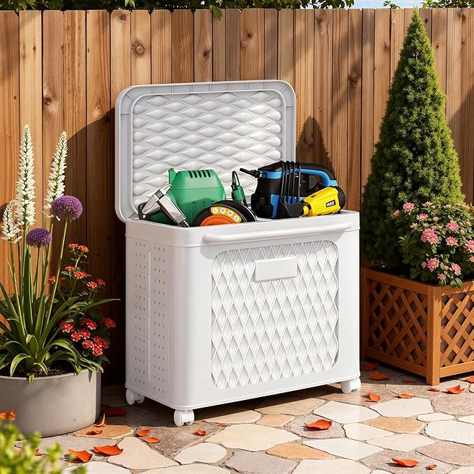 VECELO Deck Box, Outdoor Storage Box with Wheels and Lid, Waterproof Storage Bin for Package Delivery for Patio Furniture, Garden Tools, Pool Supplies, Foldable, White, 19.3" x 13.8" x 19.1"