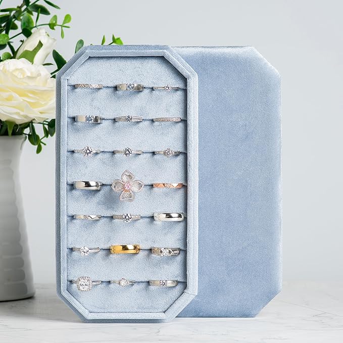 Velvet Ring Organizer Display Tray Jewelry Box Earring Holder Case for Wedding Birthday Christmas Day (Light Ocean Blue)