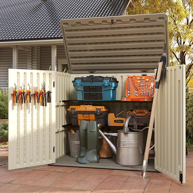 EHHLY Horizontal Resin Storage Shed, 47 Cuft Garden Tool Sheds & Outdoor Storage, Outdoor Plastic Storage Cabinet Waterproof, 4.5 x 2.8 ft Backyard Outside Lawn Mower Storage Shed, Vanilla