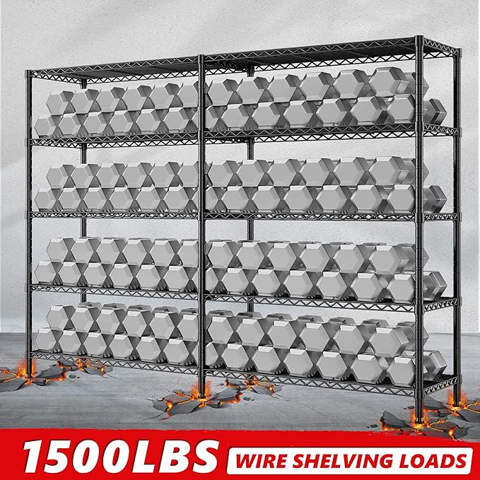 72.4''H Storage Shelves Metal Shelving Unit Load 1500LBS,5 Tier Wire Shelving Pantry Shelves Kitchen Shelves Adjustable Wire Shelf for Commercial Garage Shelving Heavy Duty, 61.7" W*72.4" H*15.8" D