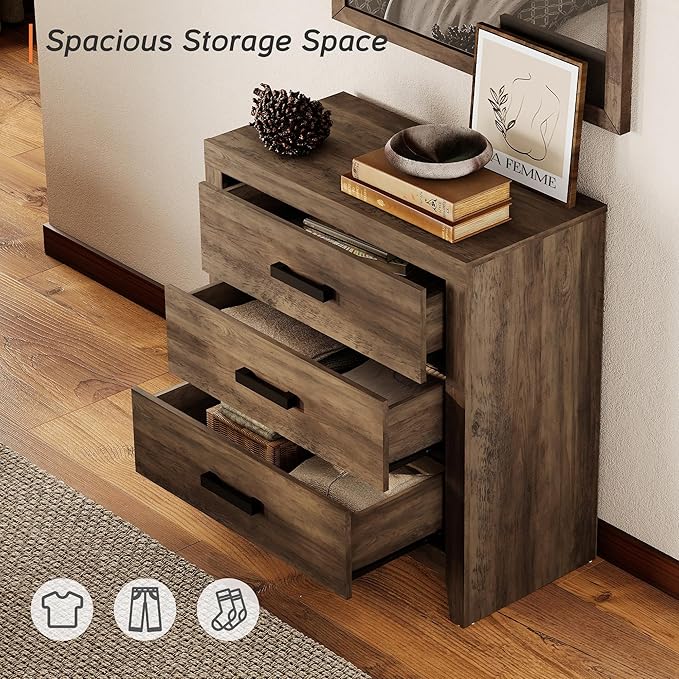 WAMPAT Farmhouse Nightstand with 3 Drawers, Large Wood Bedside Table, Wide Sofa Side End Table, Storage Organizer Chest for Living Room, Bedroom, Hallway, Brown, 32 Inches