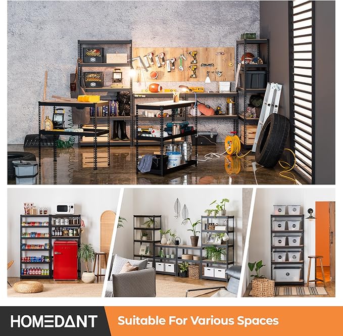 HOMEDANT 5 Tier Storage Shelves Adjustable Laminated Boltless Garage Metal Shelving Unit Heavy Duty Utility Rack Shelf Warehouse Pantry Closet Kitchen (2, (S) 28" W, Black)