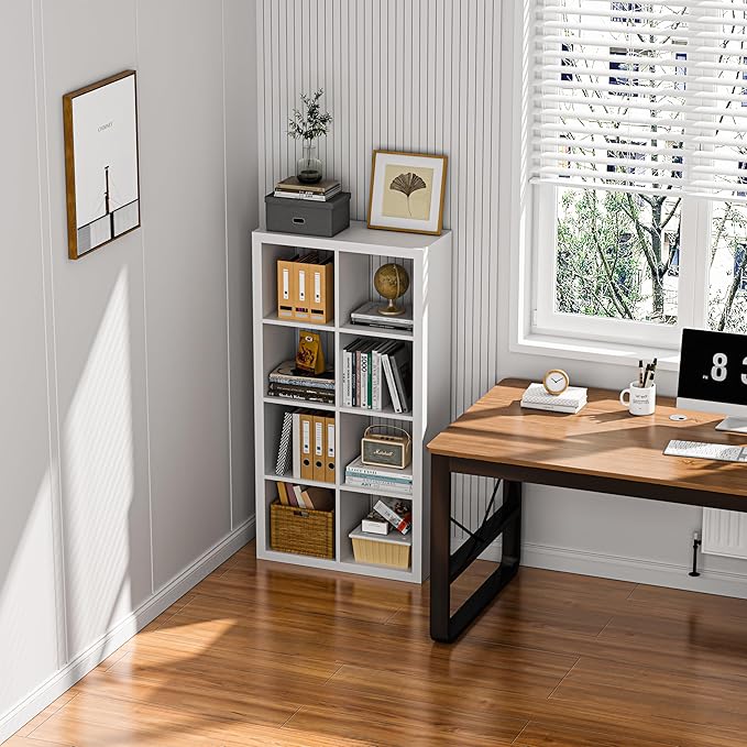 Bookshelf with Storage Bin, 6-Cube Storage Organizer, Modern Wood Open Bookcase, Multifunctional Display Cubicle Shelf for Living Room, Bedroom, Home Office, White