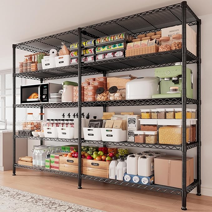 72.4''H Storage Shelves Metal Shelving Unit Load 1500LBS,5 Tier Wire Shelving Pantry Shelves Kitchen Shelves Adjustable Wire Shelf for Commercial Garage Shelving Heavy Duty, 61.7" W*72.4" H*15.8" D