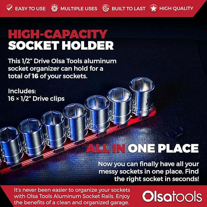 Olsa Tools 1/2-Inch Drive Aluminum Socket Organizer with Locking End Caps | Professional Quality Socket Holder (RED)
